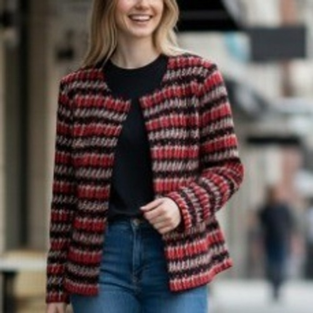 Ming Wang Textured Knit Open Front Jacket Career Red Black Geometric Petite XL
